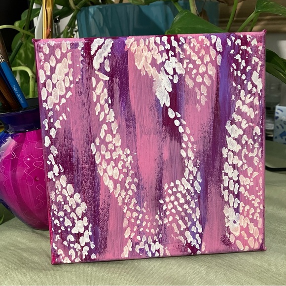 Abstract Acrylic Lacy Patterned Pink and Purple Mini Painting, 6x6" - Picture 9 of 10
